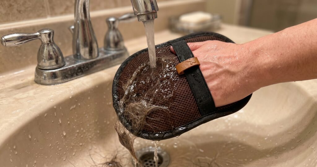 washing reusable pet hair removal glove under tap after use