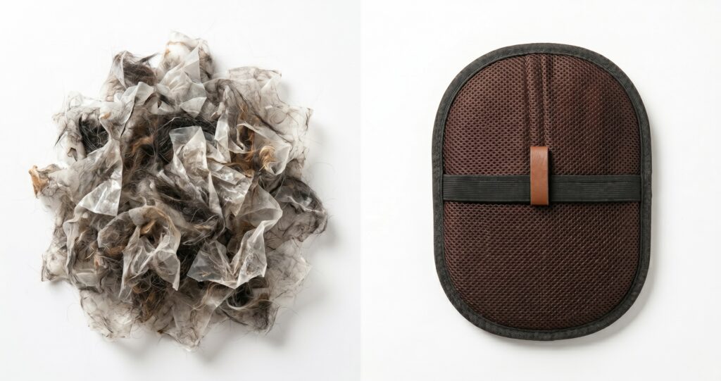used lint roller sheets covered in pet hair next to reusable eco friendly pet hair removal glove